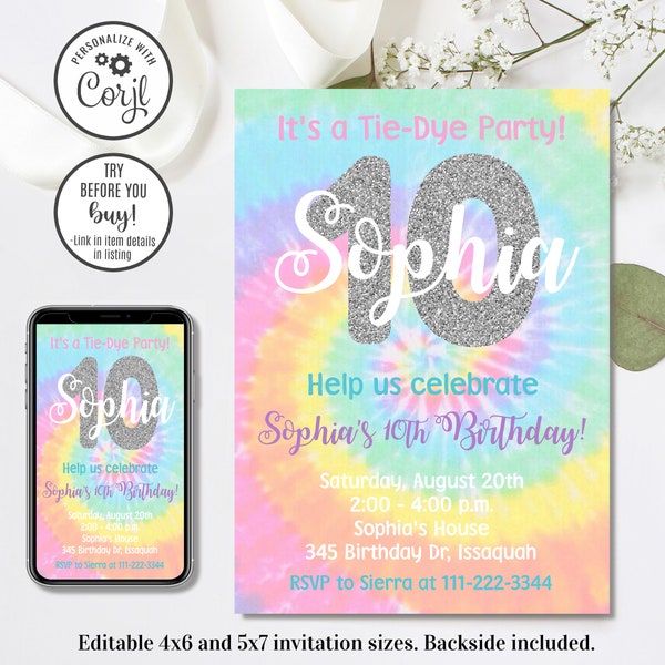 Editable Tie Dye Invitation, Tie Dye Birthday Invitation, Teen Invitation, ANY Age, 4x6 & 5x7