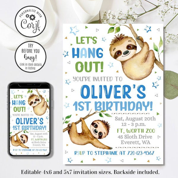 Editable Sloth Birthday Invitation, Sloth Invitation, Zoo Birthday Invitation, 4x6 & 5x7