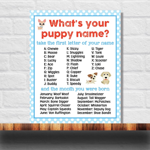 What's Your Puppy Name Printable, Boy Puppy Name Game, Puppy Birthday Party, Instant Download