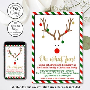 Editable Christmas Party Invitation, Oh What Fun Reindeer Invitation, Holiday Party, Work Christmas Party, Annual Family Holiday, 4x6 & 5x7