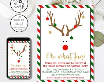 Editable Christmas Party Invitation, Oh What Fun Reindeer Invitation, Holiday Party, Work Christmas Party, Annual Family Holiday, 4x6 & 5x7