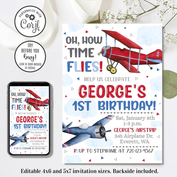 Editable Airplane Birthday Invitation, Airplane Invitation, Time Flies, 4x6 & 5x7