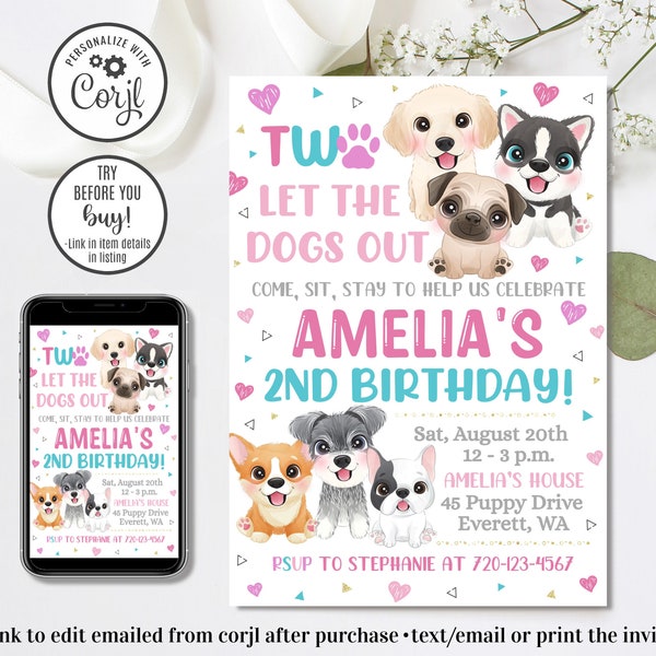 Editable Two Let the Dogs Out Invitation, Puppy Invitation, Puppy Birthday Invitation, Puppy Pawty, Come Sit Stay, 2nd Birthday, 4x6 & 5x7