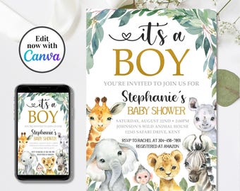Puede incluir: Una plantilla de invitación para baby shower con ilustraciones en acuarela de una jirafa, un elefante, un mono, un león y una cebra. El texto dice It's a Boy, Stephanie's Baby Shower, Saturday, August 22nd, 2:00PM, Johnson's Wild Animal House, 12345 Safari Drive, Kent, RSVP to Rachel at 304-456-7891, Registered at Amazon.