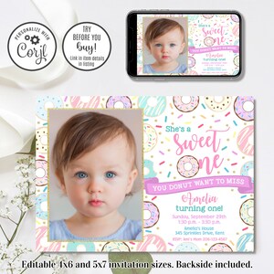 Bewerkbare Donut uitnodiging, Sweet One uitnodiging, 1e verjaardagsuitnodiging, 4x6 & 5x7