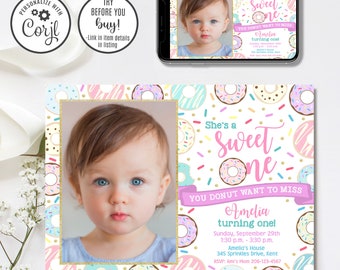 Editable Donut Invitation, Sweet One invitation, 1st Birthday Invitation, 4x6 & 5x7