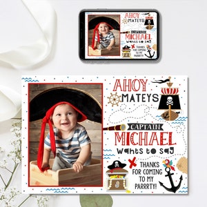 Carte de remerciement modifiable pirate, Merci d'anniversaire pirate, 4 x 6 et 5 x 7