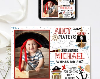 May include: Ahoy Mateys! A white and red pirate themed thank you card with a photo of a baby dressed as a pirate. The text reads "Captain Michael wants to say thanks for coming to my parrrty!"