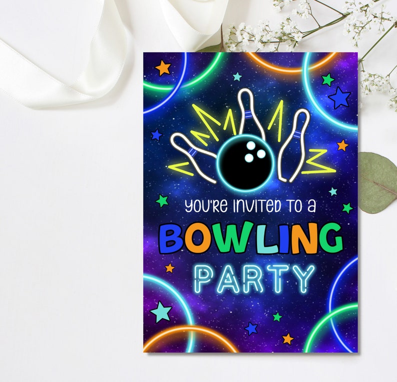 Editable Bowling Birthday Invitation, Glow Bowling Invitation, Bowling Invitation, Glow Invitation, Strike Up Some Fun, 4x6 & 5x7 image 2