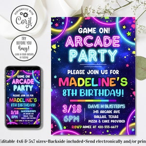 Editable Arcade Party Birthday Invitation, Glow Arcade Invitation, Gamer Invitation, Girl Arcade Invitation, Game On, 4x6 & 5x7