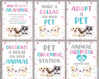 May include: Six decorative signs with pet-themed text and illustrations. The signs read: "How to Adopt an Animal," "Make a Collar for Your Pet," "Adopt a Pet," "Decorate a House for Your Animal," "Pet Grooming Station," and "Animal Hospital."