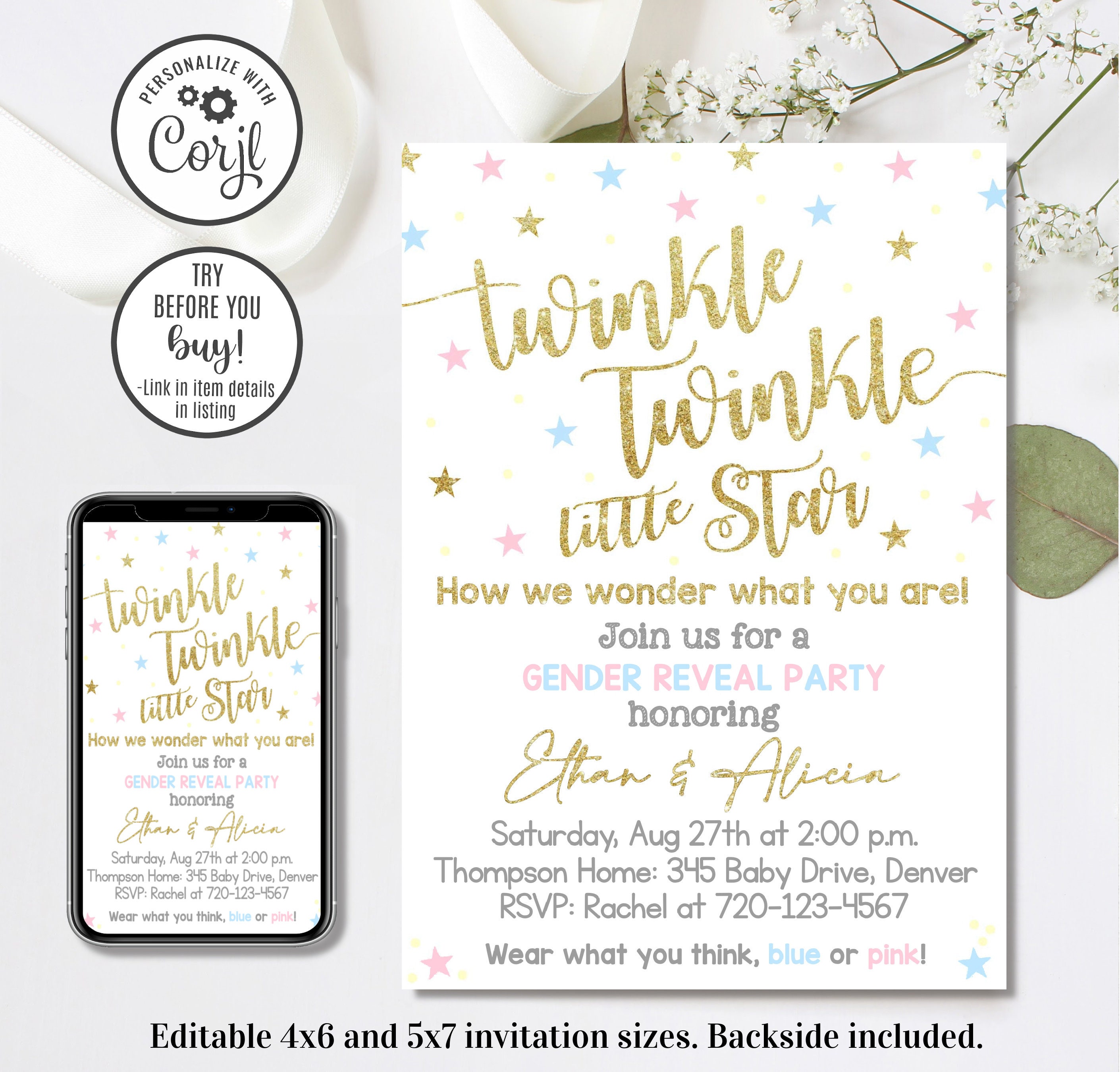 Editable Gender Reveal Invitation Twinkle Twinkle Little Star Gender Reveal Invitation 4x6 5x7