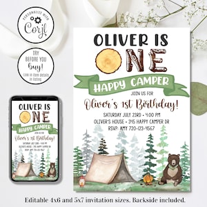 Editable Happy Camper Invitation, One Happy Camper Birthday Invitation, 4x6 & 5x7