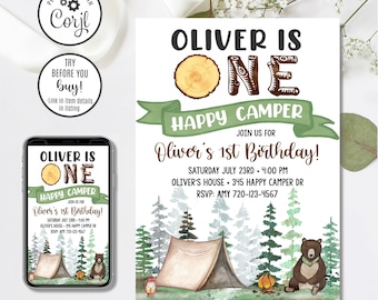 Editable Happy Camper Invitation, One Happy Camper Birthday Invitation, 4x6 & 5x7