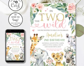 Two Wild Safari Birthday Invitation Template, Editable Girl 2nd Birthday Invite