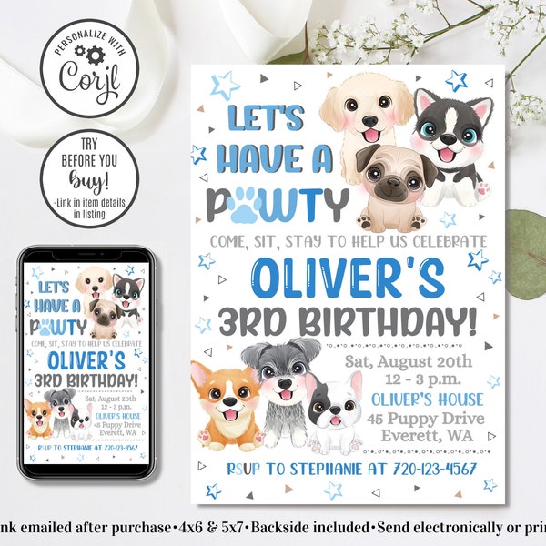 Editable Puppy Invitation, Puppy Birthday Invitation, Puppy Pawty, Come Sit Stay, Boy Invitation, 4x6 & 5x7