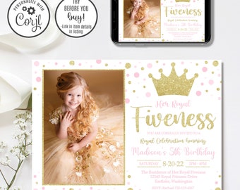 Royal Fiveness Birthday Invitation Template, Editable Girl 5th Birthday Party Invite