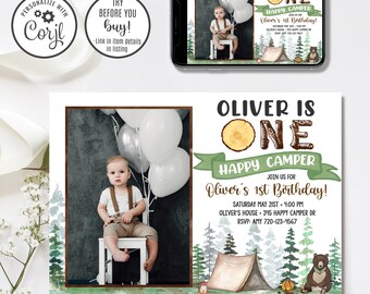 Editable Happy Camper Invitation, One Happy Camper Birthday Invitation, 4x6 & 5x7