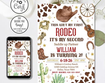 My Second Rodeo Invitation, Editable Cowboy 2nd Birthday Invite (Digital Download)