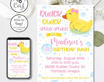 Rubber Duckie Invitation Template, Editable 1st Birthday Invite
