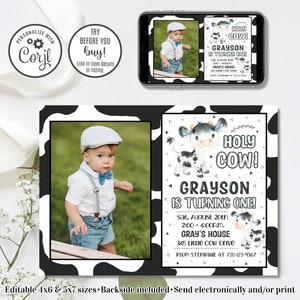 Editable Cow Invitation, Boy Cow Birthday Invitation, Holy Cow, 4x6 & 5x7
