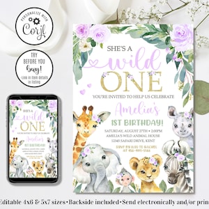 Editable Safari Birthday Invitation, Girl Wild One Invitation, Jungle Animals Invitation, 4x6 & 5x7