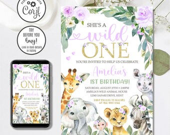 May include: A printable invitation for a first birthday party with a jungle theme. The invitation features a purple and gold "She's a Wild One" title with a giraffe, elephant, lion, zebra, and monkey illustrations. The text on the invitation reads "You're invited to help us celebrate Amelia's 1st Birthday! Saturday, August 27th, 2:00pm Amelia's Wild Animal House 12345 Safari Drive, Kent RSVP by 8/20 to Rachel at 456-444-5566."
