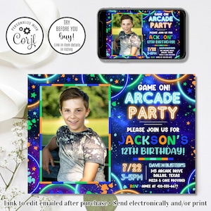 Editable Arcade Party Birthday Invitation, Glow Arcade Invitation, Gamer Invitation, Arcade Invitation, Game On, 4x6 & 5x7