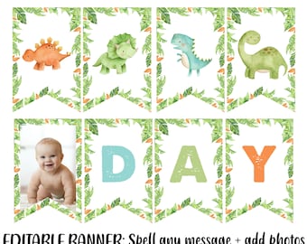 Bewerkbare dinosaurusbanner, dinosaurusverjaardagsbanner, dinosaurusdecor, sjabloon