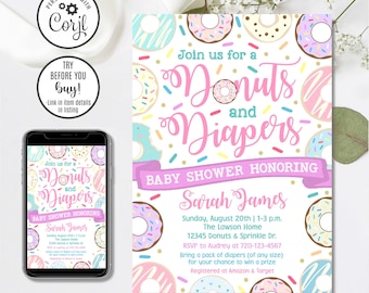 Donuts Baby Shower Invitation Template, Editable Diapers Shower Invite