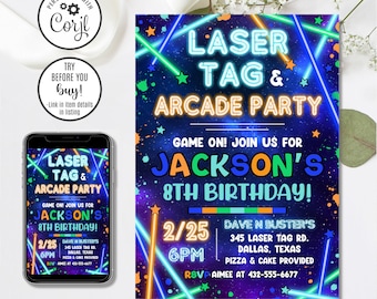 Fête d'anniversaire modifiable au laser tag, invitation phosphorescente laser tag, invitation arcade phosphorescente, invitation joueur, invitation arcade, jeu sur, 4 x 6 et 5 x 7