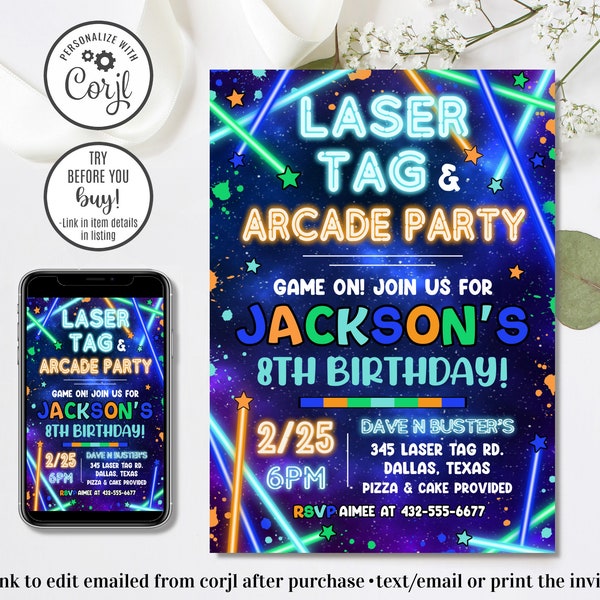 Fête d'anniversaire modifiable au laser tag, invitation phosphorescente laser tag, invitation arcade phosphorescente, invitation joueur, invitation arcade, jeu sur, 4 x 6 et 5 x 7