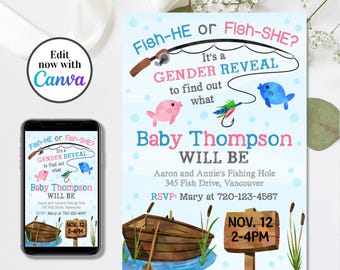 Editable Fishing Gender Reveal Invitation, Fish-HE or Fi-SHE, Gender Reveal Invitation, Fish Gender Reveal, 4x6 & 5x7
