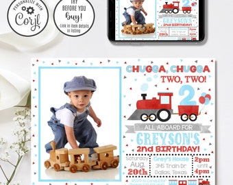 May include: A blue and red train-themed invitation for a child's second birthday party. The invitation features a photo of a young boy in a train conductor hat, a cartoon train, and the text "Chugga, Chugga Two, Two!" and "All Aboard for Greyson's 2nd Birthday!"