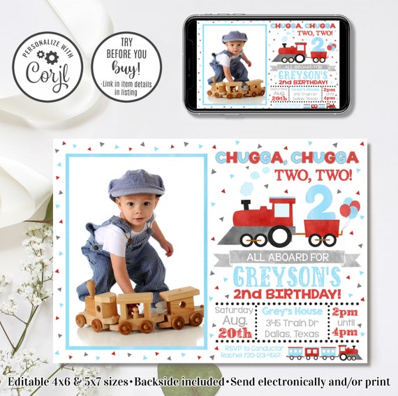 Editable Train Invitation, Train Birthday Invitation, Chugga Chugga Two Two, 2nd Birthday Invitation, 4x6 & 5x7