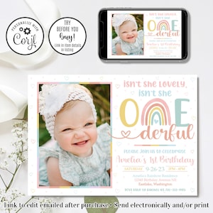 Editable Onederful Birthday Invitation, Isn't She Lovely Isn't She Onederful Invitation, First Birthday, 1st Birthday Invitation, 4x6 & 5x7