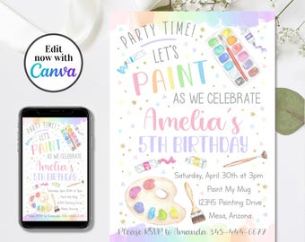 Art Party Birthday Invitation Template, Pastel Rainbow Paint Party Invite, Editable, Instant Download