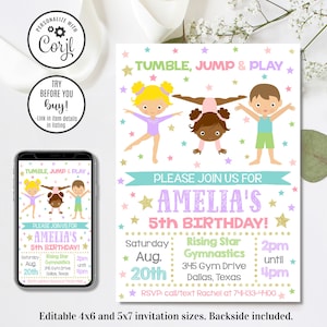 Editable Gymnastics Birthday Invitation, Gymnastics Invitation, Tumble Jump and Play, 4x6 & 5x7