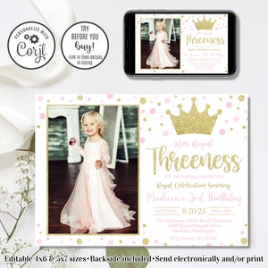 Editable Her Royal Threeness Invitation, Royal Threeness Birthday Invitation, Girl 3rd Birthday, 3rd Birthday Invitation, 4x6 & 5x7