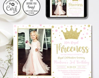 Editable Her Royal Threeness Invitation, Royal Threeness Birthday Invitation, Girl 3rd Birthday, 3rd Birthday Invitation, 4x6 & 5x7