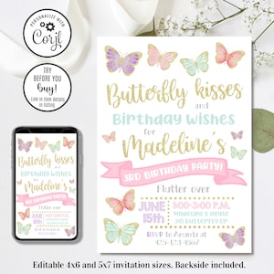 Editable Butterfly Invitation, Butterfly Birthday Invitation, Butterfly Kisses and Birthday Wishes, Girl Invitation, 4x6 & 5x7