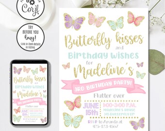 Butterfly Birthday Invitation Template, Editable Girl Party Invite (Instant Download)