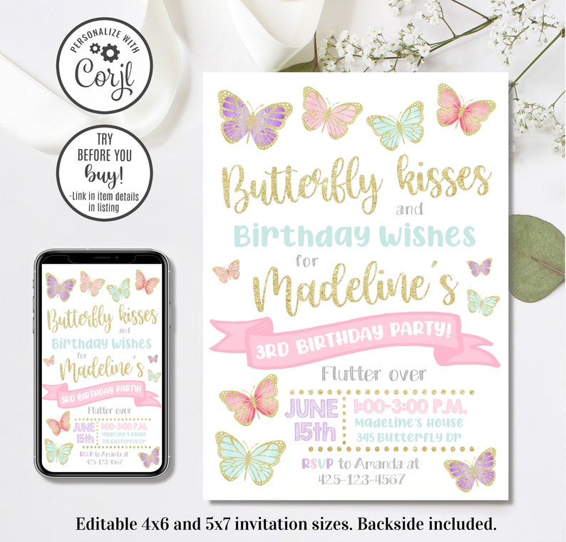 May include: A pink and gold butterfly-themed birthday party invitation for a 3rd birthday. The invitation features a pink banner with gold glitter text that says "Butterfly Kisses and Birthday Wishes for Madeline's 3rd Birthday Party!"  The invitation also includes a butterfly graphic and the text "Flutter over June 15th 1:00-3:00 PM Madeline's House 345 Butterfly Dr. RSVP to Amanda at 425-123-4567".