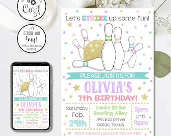 Bowling Birthday Invitation Template, Editable Bowling Invite