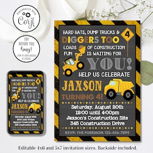 Editable Construction Invitation, Construction Birthday Invitation, 4x6 & 5x7