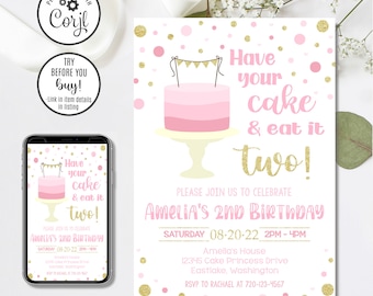 Cake Invitation Template, Editable 2nd Birthday Invite