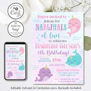 Editable Narwhal Invitation, Narwhal Birthday Invitation, Narwhals of Fun, 4x6 & 5x7