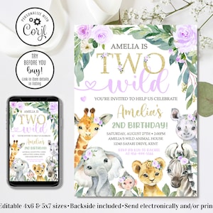 Editable Safari Birthday Invitation, Girl Two Wild Invitation, Jungle Animals Invitation, 2nd Birthday Invitation, 4x6 & 5x7