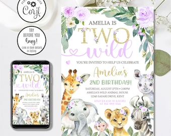 Editable Safari Birthday Invitation, Girl Two Wild Invitation, Jungle Animals Invitation, 2nd Birthday Invitation, 4x6 & 5x7