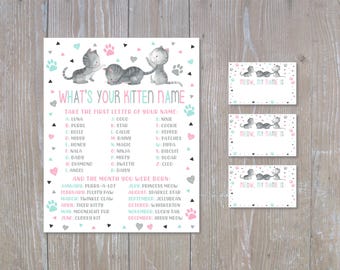 What's Your Kitten Name Printable, Girl Kitten Name Game, Cat Birthday Party, Kitten Name Tags, Instant Download